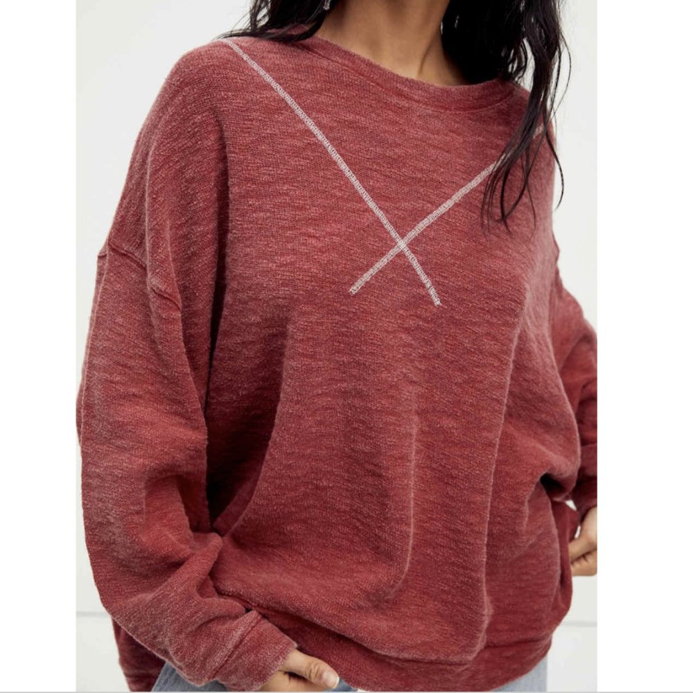 FREE PEOPLE CARE FP SANGUINE RED LONG SLEEVE COME AGAIN OVERSIZED TEE